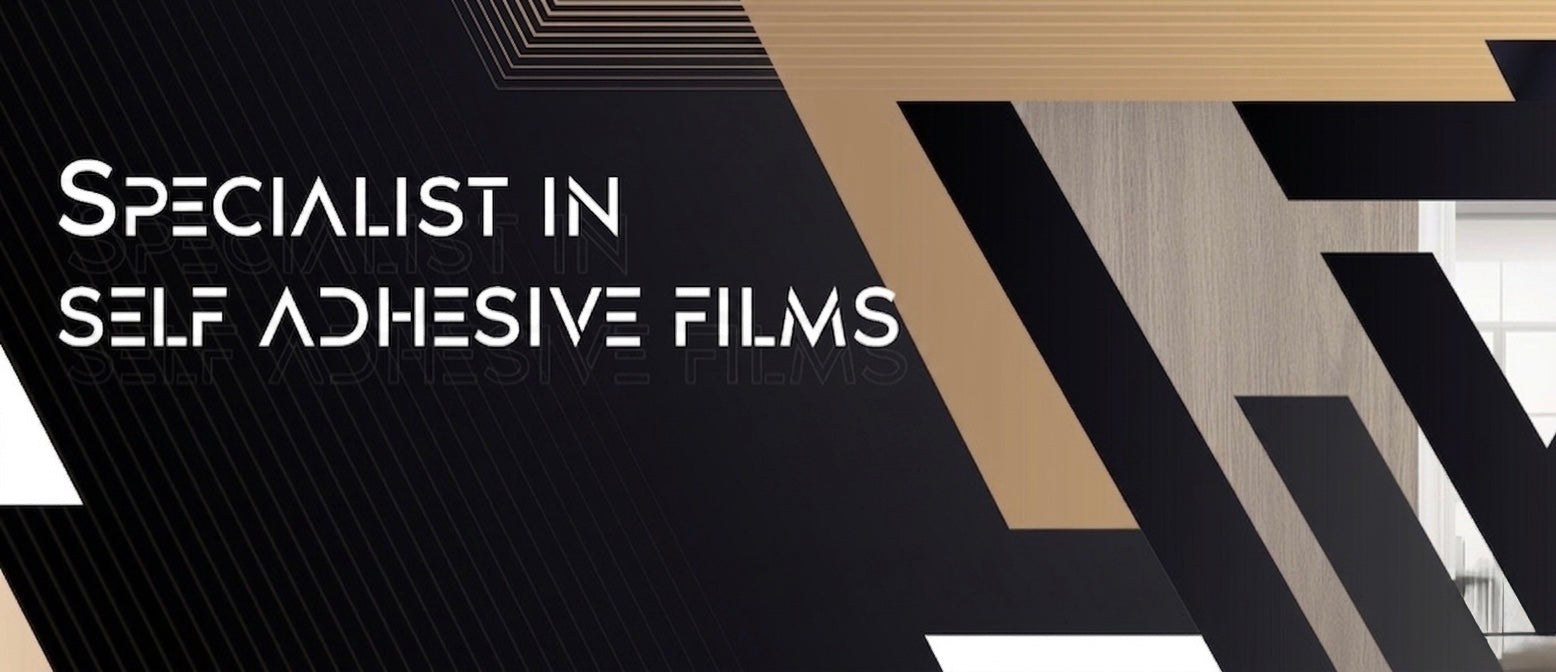 Luxaria decor 'Specialist in Self Adhesive Films' on a black background with geometric design elements.